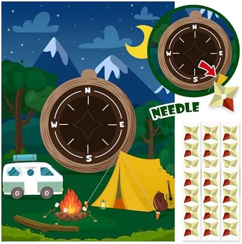 Camping Pin the Needle On the Compass Game Outdoor Adventure Travel Hiking Poster with 24Pcs Pointer Stickers Happy Camper Entertaining Activity Birthday Party Baby Shower Decoration Supplies for Kids - Image 3