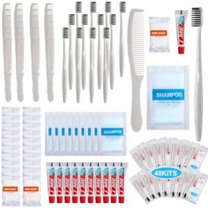 Hushee 48 Sets Personal Hygiene Kit Basic Toiletry Kit Homeless Care Package for Men, Women, Travel, Charity, Business Include Shampoo, Toothbrush, Toothpaste, Comb and Bath(White)