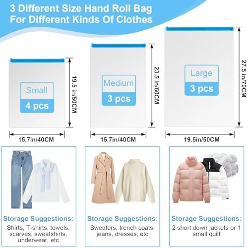 Compression Bags for Travel, 10 PCS Space Saver Bags, Hand Roll Vacuum Packing Bags for Travel, No Vacuum Needed, (3 Large, 3 Medium, 4 Small), Clothing, Luggage, Home Organizers Storage Bags - Image 3