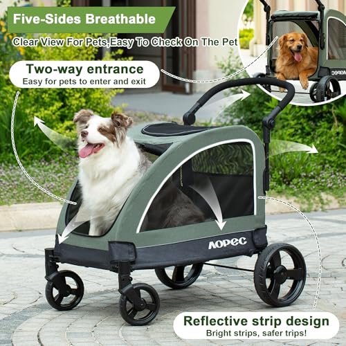 Large Dog Stroller - Dual Entry Safety Folding Pet Stroller with Adjustable Handle, All-Terrain 4-Wheel, 160 lbs Weight Capacity for Travel & Outdoor Adventures - Green - Image 3