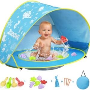 Zooawa Baby Beach Tent, Pop Up Beach Tent Sun Shade for Beach, Portable Shade Pool UV Protection Sun Shelter for Infant with Beach Sand Toys Set