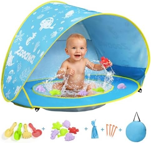 Zooawa Baby Beach Tent, Pop Up Beach Tent Sun Shade for Beach, Portable Shade Pool UV Protection Sun Shelter for Infant with Beach Sand Toys Set