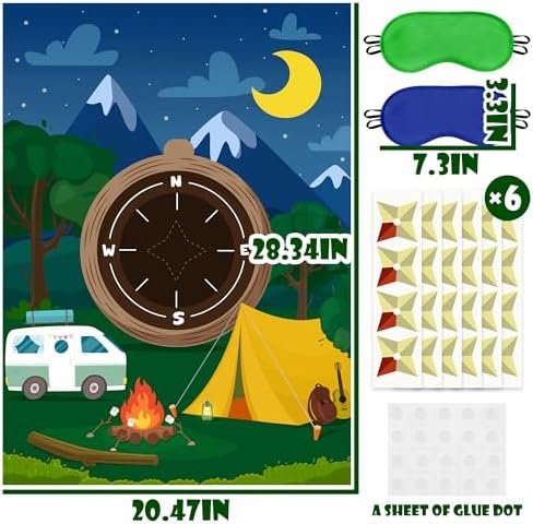 Camping Pin the Needle On the Compass Game Outdoor Adventure Travel Hiking Poster with 24Pcs Pointer Stickers Happy Camper Entertaining Activity Birthday Party Baby Shower Decoration Supplies for Kids - Image 2