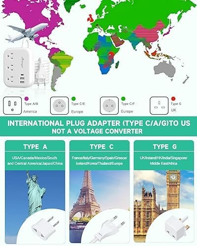 European Travel Plug Adapter, Alitayee EU/UK/US Travel Power Strip with 3 Outlets 3 USB Ports, International Universal Plug Adapter with 3ft Extension Cord to EU UK Italy Spain France Germany Cruise - Image 2
