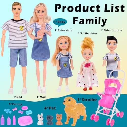 Dolls Family Playset with Baby Stroller Set- 6 People, Pets & Accessories for 3-12 Years Old | Toddler Gift with Pregnant Mom, Dad, 3 Kids, Dogs, and Interactive Play - Image 2
