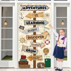 Wiooffen Travel The Map Classroom Door Cover Decorations Let The Adventure Begin Door Banner Travel Theme Motivational Signpost Porch Backdrop Sign for Vintage School Indoor Outdoor Wall Window Decor