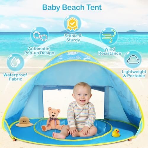 Zooawa Baby Beach Tent, Pop Up Beach Tent Sun Shade for Beach, Portable Shade Pool UV Protection Sun Shelter for Infant with Beach Sand Toys Set - Image 5