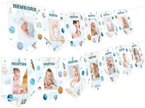 Oudain First Trip Around The Sun Photo Banner for Boys First Trip Around The Sun Birthday Decorations Baby Picture Banner Garland for Newborn to 12 Months' Boy Outer Space Theme 1st Party Supplies