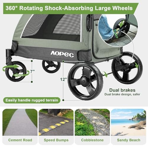Large Dog Stroller - Dual Entry Safety Folding Pet Stroller with Adjustable Handle, All-Terrain 4-Wheel, 160 lbs Weight Capacity for Travel & Outdoor Adventures - Green - Image 5