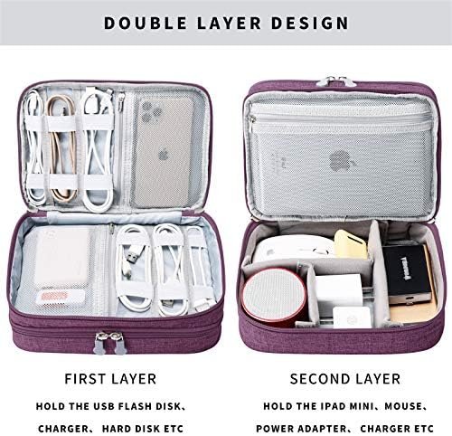 mygreen Electronics Travel Organizer Storage Bag, Double Layer Universal Traveling Gear Accessories Carrying Cover Pouch for iPad Mini Cables Phone Chargers Adapter Flash Hard Drive and More Purple - Image 5