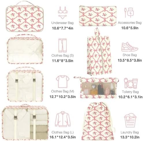 8 Set Packing Cubes for Suitcases,Packing Cube with Shoe, Cosmetics, Clothing, and Accessories Bags Packing Cubes for Travel Luggage Organizer Women Men(Bow Flowers) - Image 2