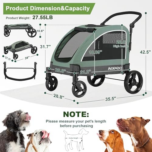 Large Dog Stroller - Dual Entry Safety Folding Pet Stroller with Adjustable Handle, All-Terrain 4-Wheel, 160 lbs Weight Capacity for Travel & Outdoor Adventures - Green - Image 2