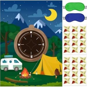 Camping Pin the Needle On the Compass Game Outdoor Adventure Travel Hiking Poster with 24Pcs Pointer Stickers Happy Camper Entertaining Activity Birthday Party Baby Shower Decoration Supplies for Kids