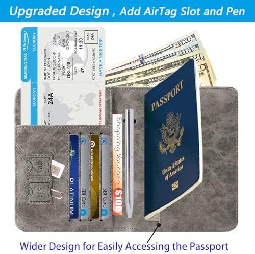 Airtag Passport Holder Cover Wallet Travel Essentials RFID Blocking Leather Card Case International Must Haves Travel Accessories for Women Men(119#Grey) - Image 3