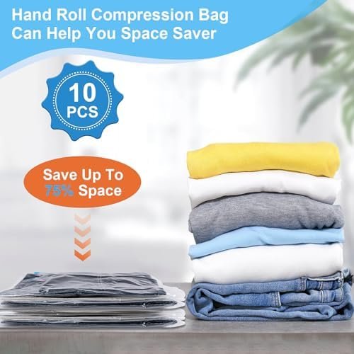 Compression Bags for Travel, 10 PCS Space Saver Bags, Hand Roll Vacuum Packing Bags for Travel, No Vacuum Needed, (3 Large, 3 Medium, 4 Small), Clothing, Luggage, Home Organizers Storage Bags - Image 2