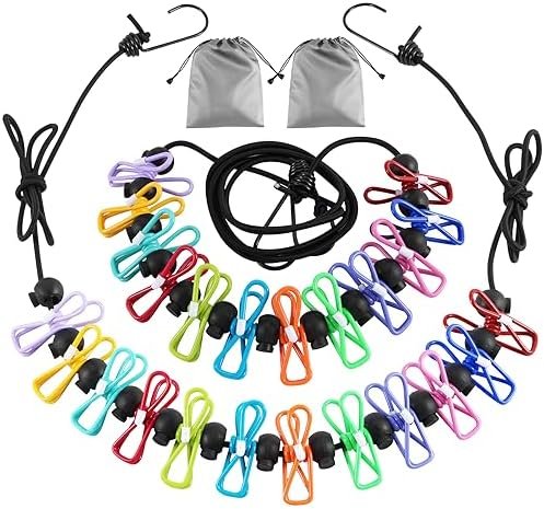 2 Pack Camping Clothesline Portable 12 Clothespins, Camping Accessories Travel Clothesline for Outdoor Indoor, Retractable Clothes Line Elastic Clothesline for Camper Hotel Room