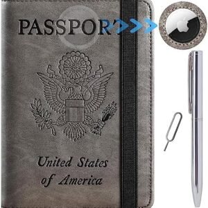Airtag Passport Holder Cover Wallet Travel Essentials RFID Blocking Leather Card Case International Must Haves Travel Accessories for Women Men(119#Grey)