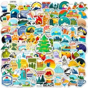 Camping Stickers, 100 PCS Outdoor Hiking Adventure Stickers Pack, Waterproof Vinyl Travel Sticker for Water Bottle Laptop Hydroflask, Wilderness Nature Decals for Camper Boys Adults Teens Girls