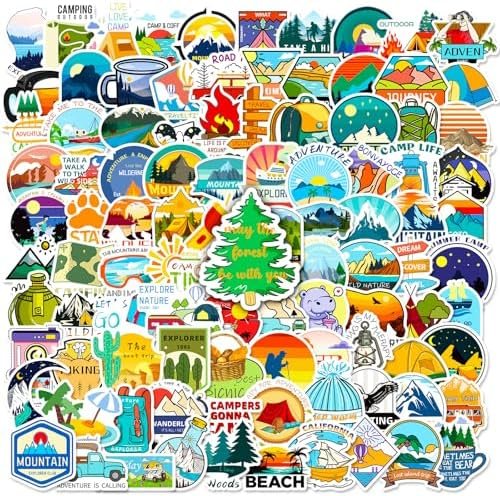 Camping Stickers, 100 PCS Outdoor Hiking Adventure Stickers Pack, Waterproof Vinyl Travel Sticker for Water Bottle Laptop Hydroflask, Wilderness Nature Decals for Camper Boys Adults Teens Girls