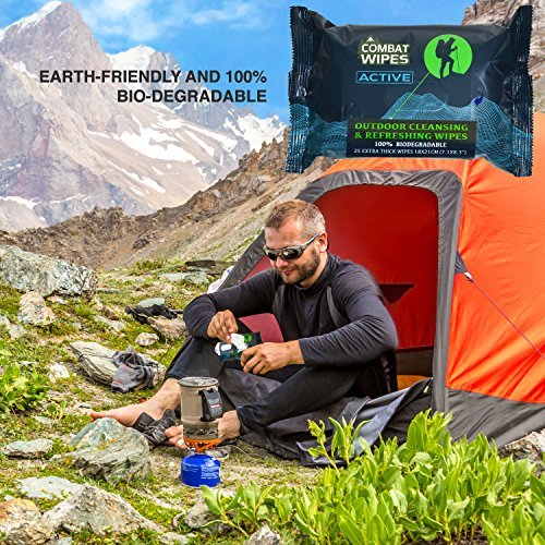 Combat Wipes ACTIVE Outdoor Wet Wipes - Extra Thick Camping Gear, Biodegradable, Body & Hand Cleansing/Refreshing Cloths for Backpacking & Gym w/Natural Aloe & Vitamin E (25 Wipes) - Image 5